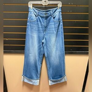Halara Flex™ High Waisted Pockets Rolled Hem Wide Leg Washed Stretchy Jeans